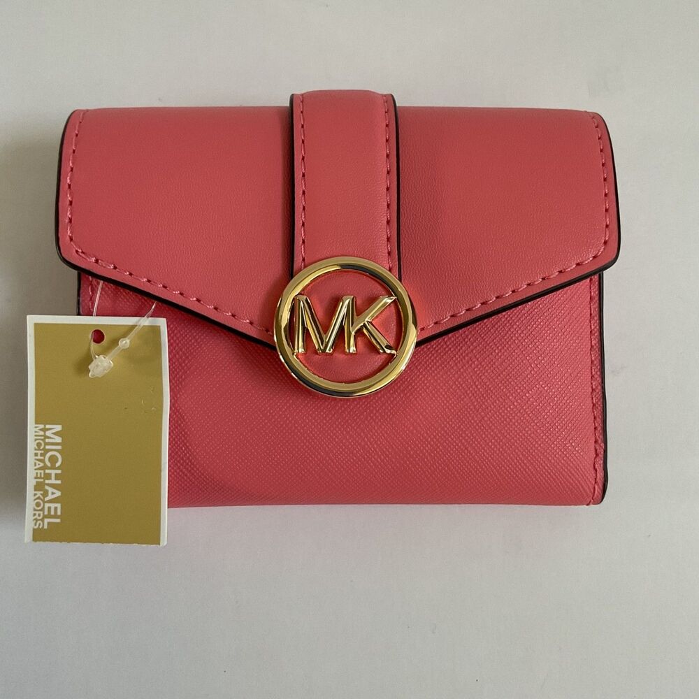 Michael Kors Carmen Medium Flap Bifold Wallet Grapefruit Vegan Leather